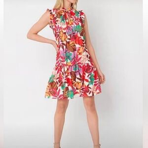 Revolve Maia Colorful Tropical Floral Dress Size 14 Ruffle Sleeve Tie V- Neck